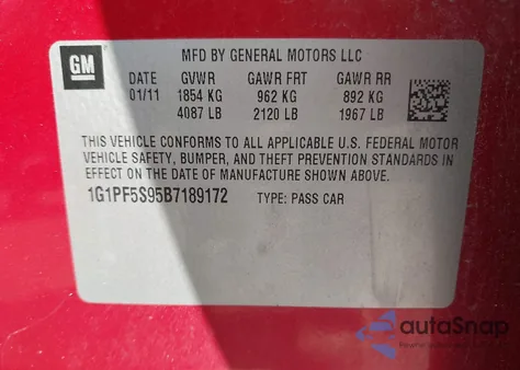 2011 Chevrolet Cruze 1Lt z USA, uszkodzony, nr VIN 1G1PF5S95B7189172